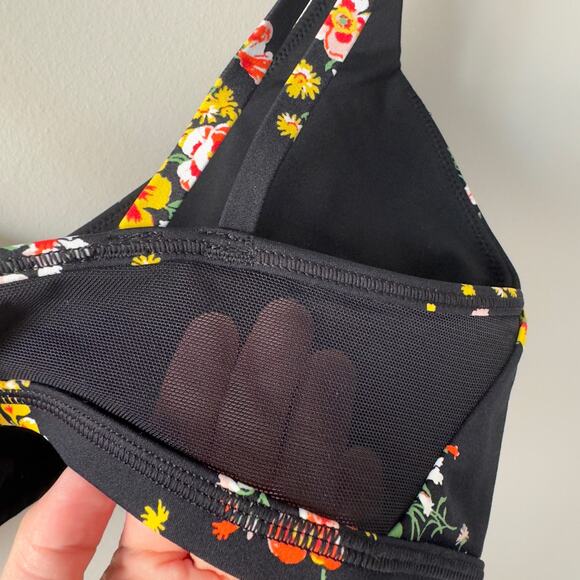 Aerie Offline Goals Plunge Sports Bra True Black Floral Mesh Back Strappy Active - Picture 7 of 15